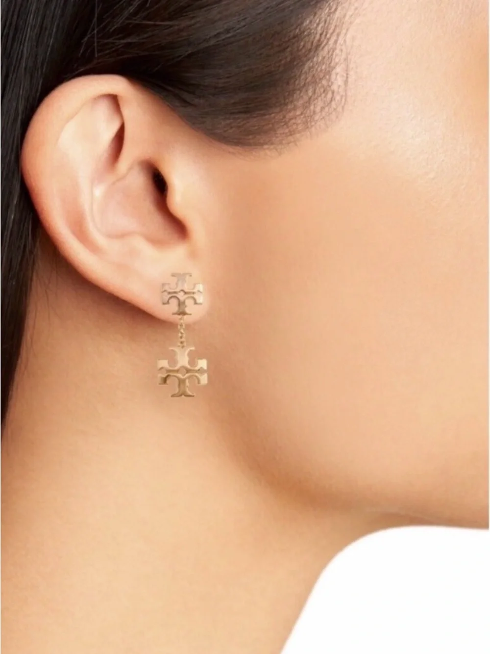 Tory Burch Gold Kira Linear Double Logo Drop Gifts Earrings NEW